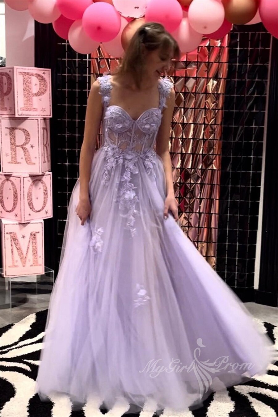 Lilac Sweetheart Straps Applique Tulle Long Prom Dress, Princess Evening Gown GP473