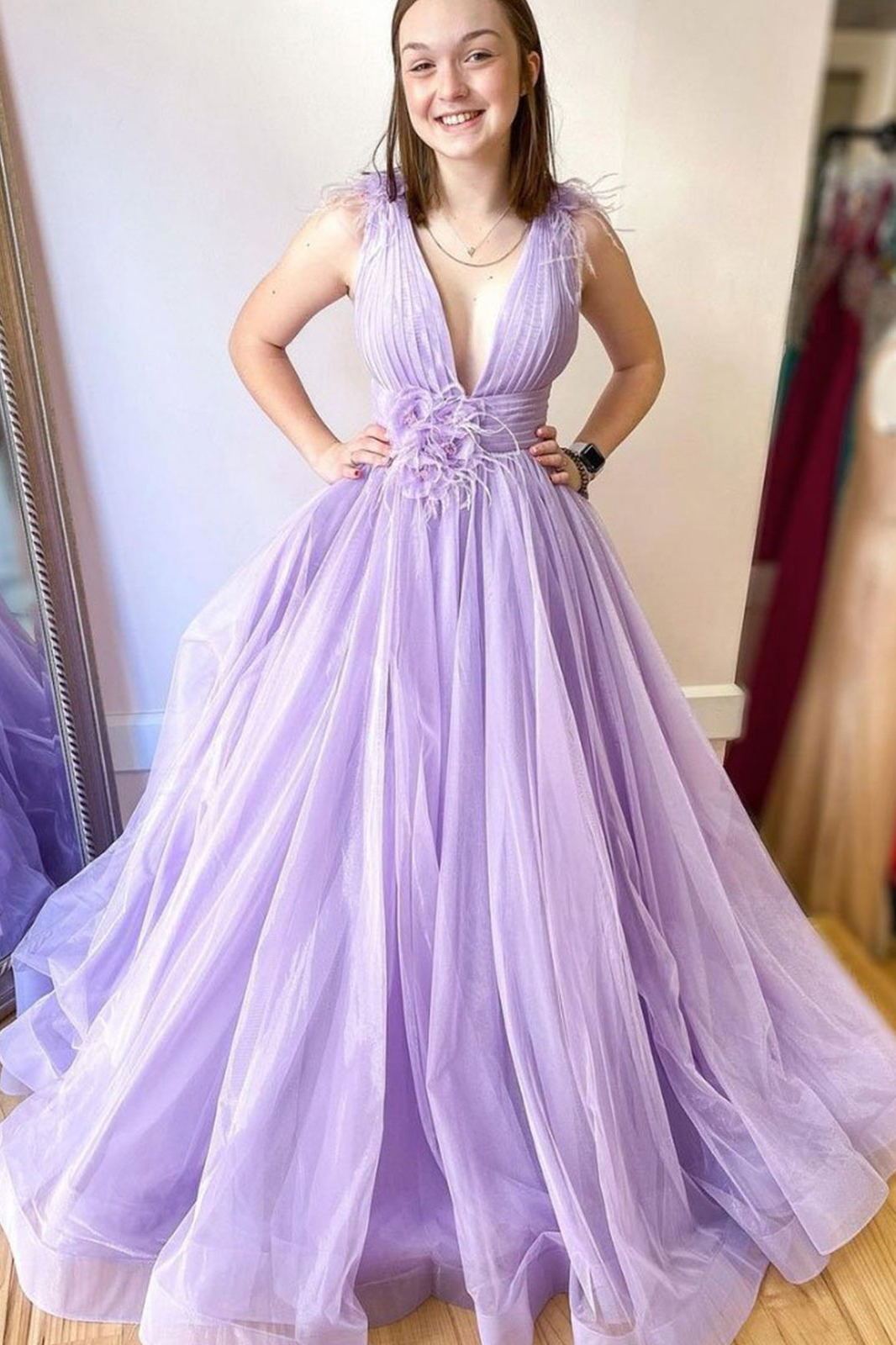 Vestidos de fiesta largos de tul lila, vestidos formales, vestido de noche formal largo con cuello en V