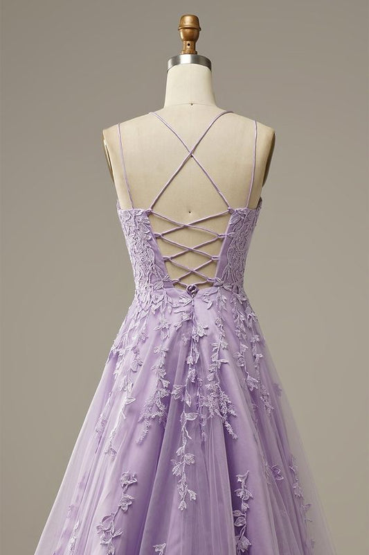 Custom Made Lace Lilac Prom Dresses Long Evening Dress Spaghetti Straps Formal Gown with Train