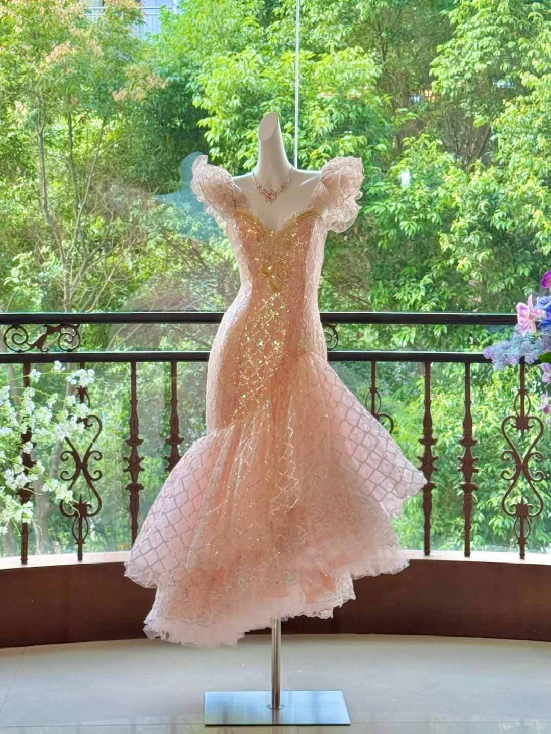 shopuniqlos-Pink Gorgeous Elegant Shiny Long Mermaid Tulle Quinceanera Dresses Ball Gown Graduation Dress Princess gh5003