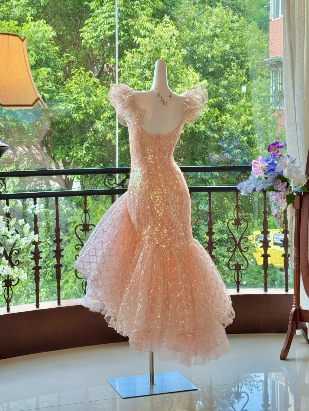 shopuniqlos-Pink Gorgeous Elegant Shiny Long Mermaid Tulle Quinceanera Dresses Ball Gown Graduation Dress Princess gh5003