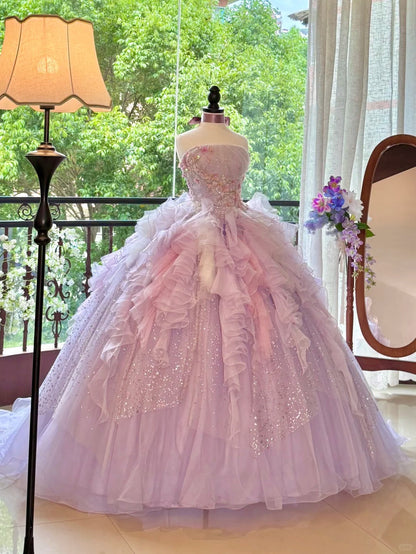 Quinceanera Dresses Pink Purple Gorgeous Elegant Shiny Floral Sequin Long Tulle Prom Dress Graduation Dress gh5001