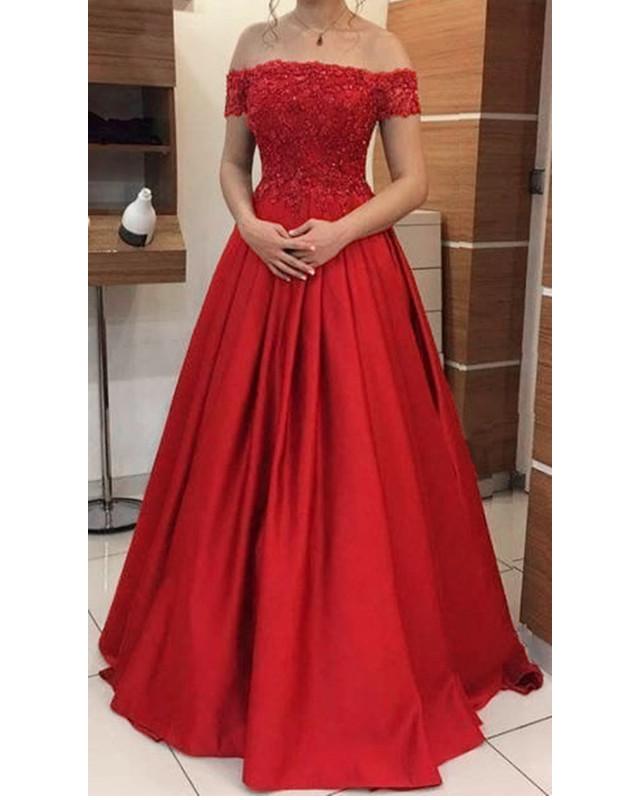 Vestidos de baile de satén hasta el suelo con encaje y hombros descubiertos