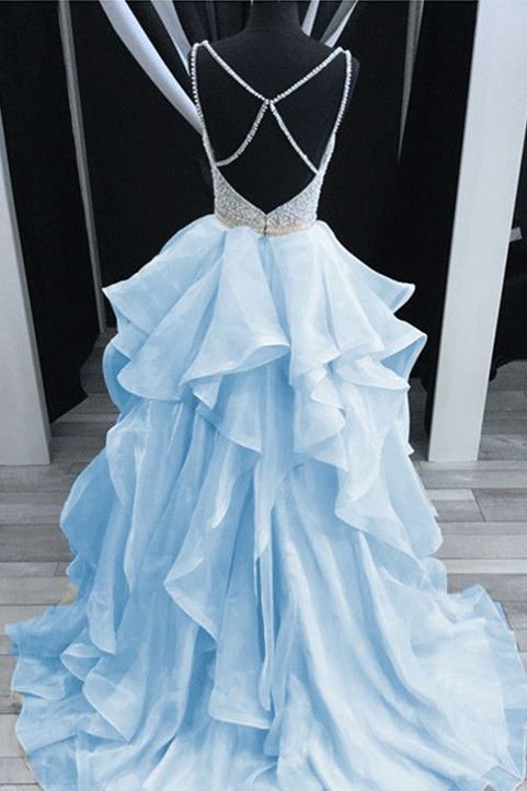 Baby Blue Long Prom Dresses Backless Spaghetti Formal Dresses Beading, GP292