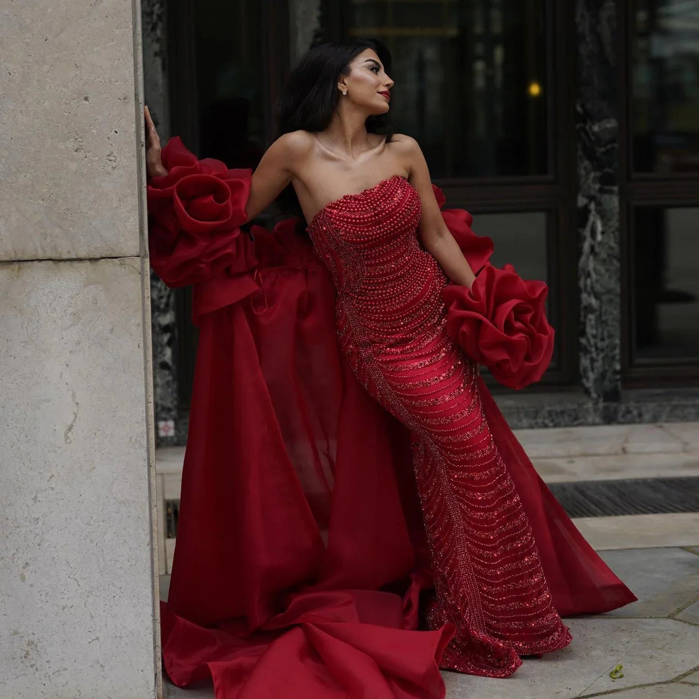 Gorgeous Burgundy Beaded Strapless Cape Design Sheath Long Prom Dress Evening Dress TP4560