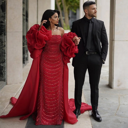 Gorgeous Burgundy Beaded Strapless Cape Design Sheath Long Prom Dress Evening Dress TP4560