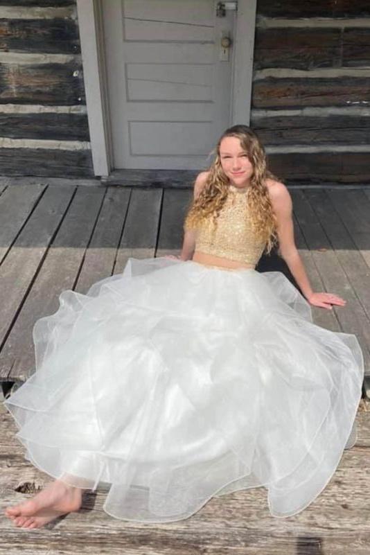 Two Pieces Long Zipper Back Lace Princess Tulle Prom Dresses GP289