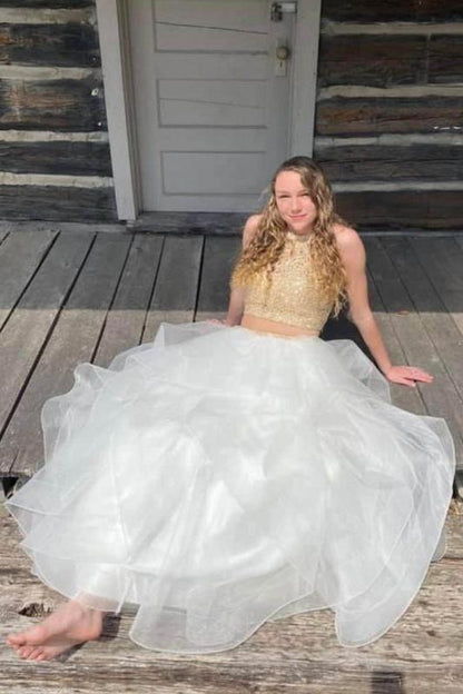 Two Pieces Long Zipper Back Lace Princess Tulle Prom Dresses GP289