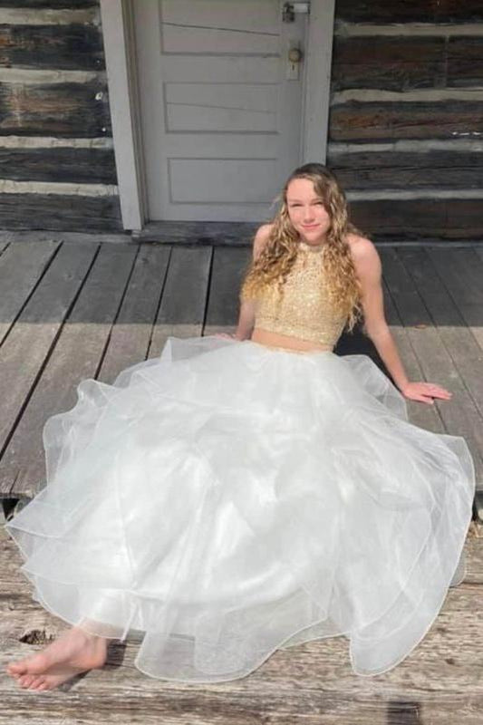 Two Pieces Long Zipper Back Lace Princess Tulle Prom Dresses GP289