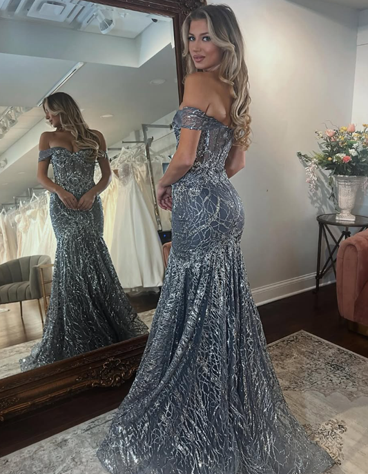 Stunning Mermaid Off the Shoulder Sequin Grey Tulle Long Prom Dress Evening Dress SH2241