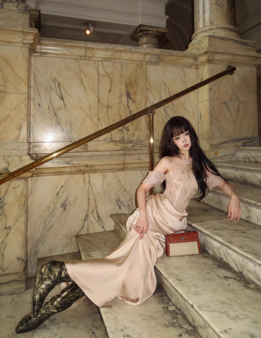 Khaki Elegant Sheath Off the Shoulder Sequin Lace Satin Prom Dress Evening Dress SH3761