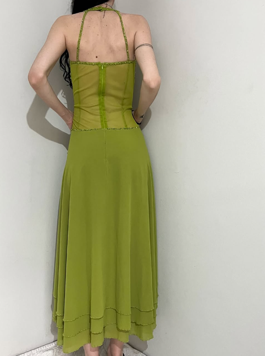 Green Vintage A Line V Neck Beaded Sequin Chiffon Prom Dress Evening Dress SH2539