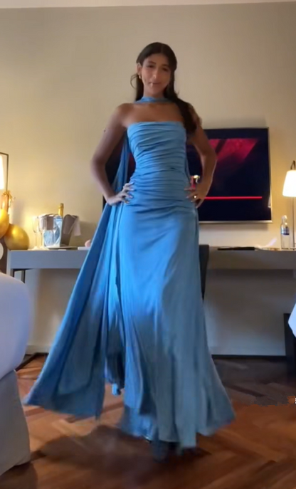 Vestido de fiesta azul sin tirantes, largo, para noche