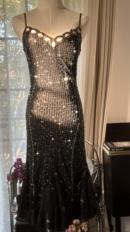 Stunning Mermaid Spaghetti Strap Beaded Black Chiffon Short Homecoming Dress Cocktail Dress SH2962