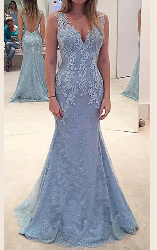 Vestido de fiesta largo de encaje con escote en V y tirantes de sirena, color azul cielo, TP23