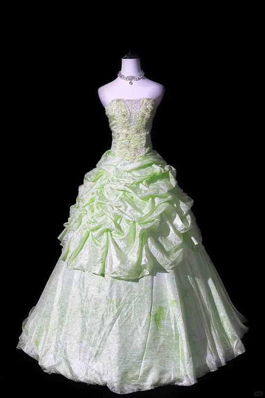Elegante vestido de noche de quinceañera plisado con bordado verde, corte A, para quinceañeras, TP4380