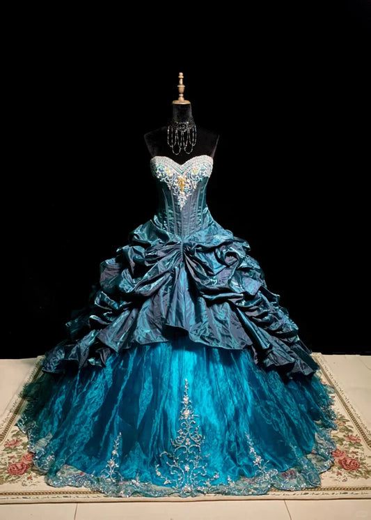 Hermoso vestido de fiesta de quinceañera con escote en forma de A, plisado, con cuentas y escote en forma de corazón, TP4381