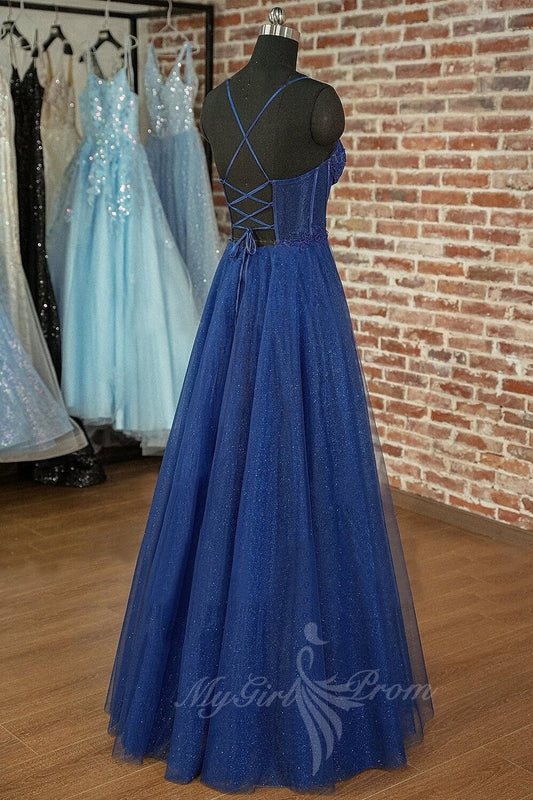 A Line Sweetheart Glitter Evening Dress, Tulle Long Prom Dress With Appliques GP717