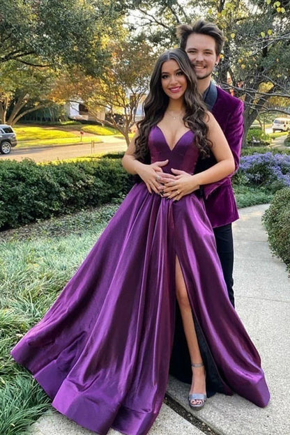 Elegant Purple Spaghetti Straps A Line Satin Long Prom Dress with Split GP711