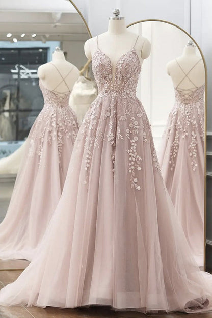 Spaghetti Straps Pink Tulle A Line Long Prom Dress with Lace Applique GP713