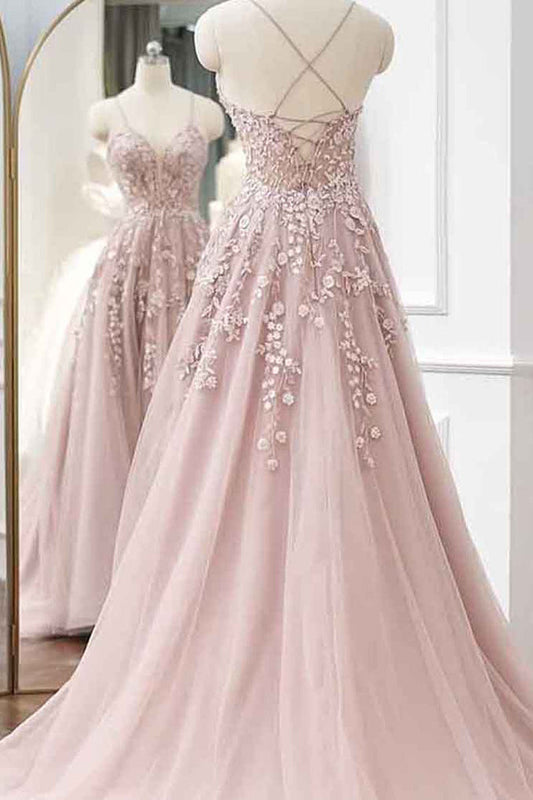 Spaghetti Straps Pink Tulle A Line Long Prom Dress with Lace Applique GP713