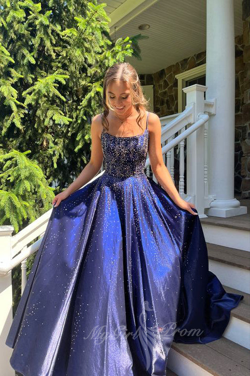 Shiny A Line Navy Blue Spaghetti Straps Starry Night Long Prom Dresses GP745