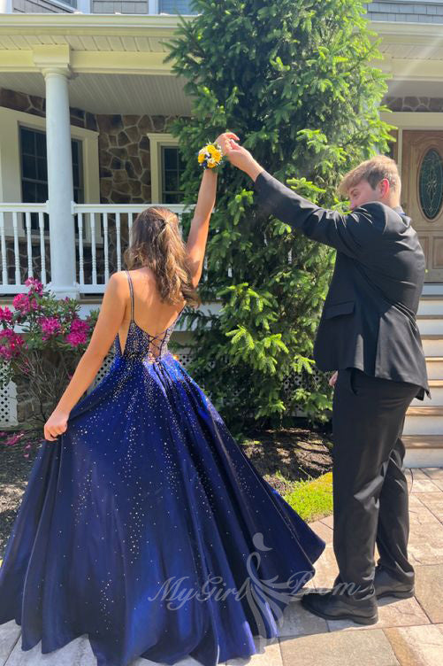 Shiny A Line Navy Blue Spaghetti Straps Starry Night Long Prom Dresses GP745