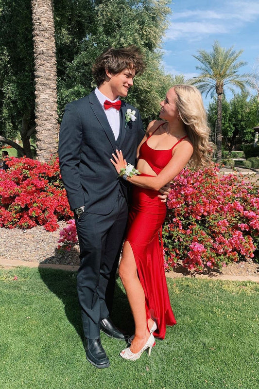 Red Spaghetti Straps Long Prom Dress Slit Mermaid Evening Dress GP751