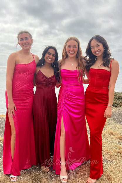 Spaghetti Straps Red Satin Long Prom Dress, Mermaid Evening Dress GP749