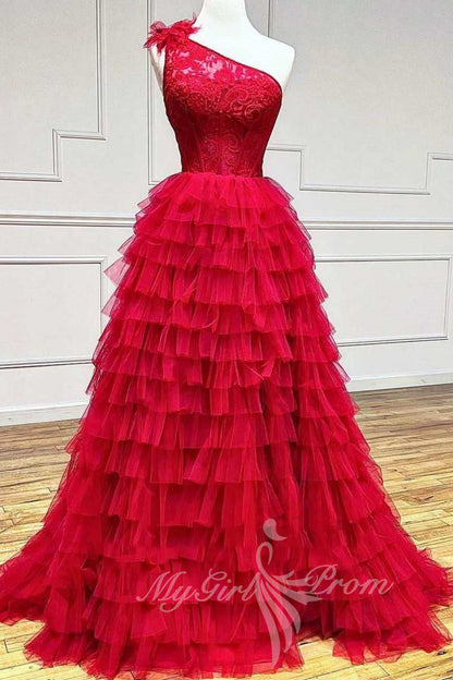 One Shoulder Red Slit Long Prom Dress Tiered Evening Dress with Ruffles GP756