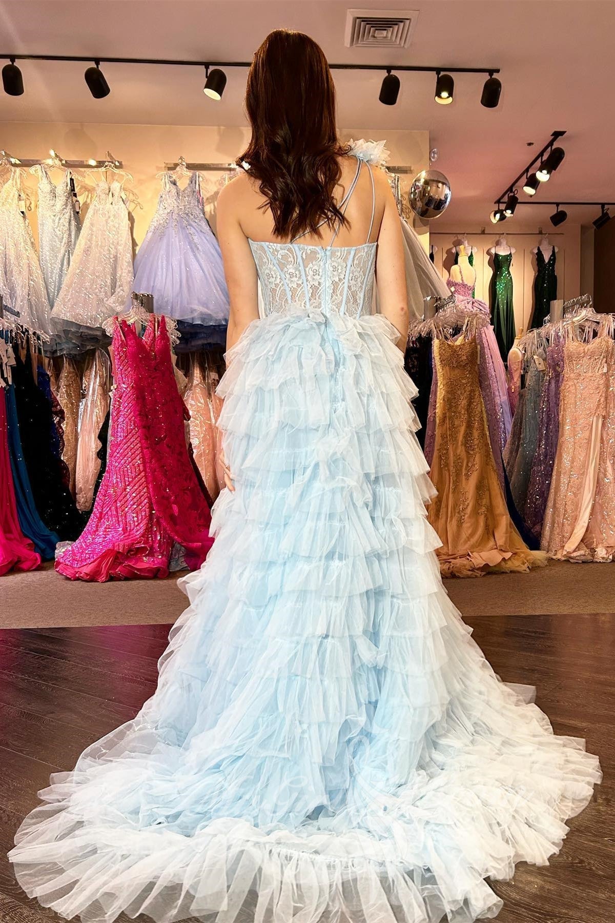 One Shoulder Red Slit Long Prom Dress Tiered Evening Dress with Ruffles GP756
