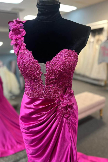 One Shoulder Lace Satin Fuchsia Mermaid Long Prom Party Dress With Pleated GP558
