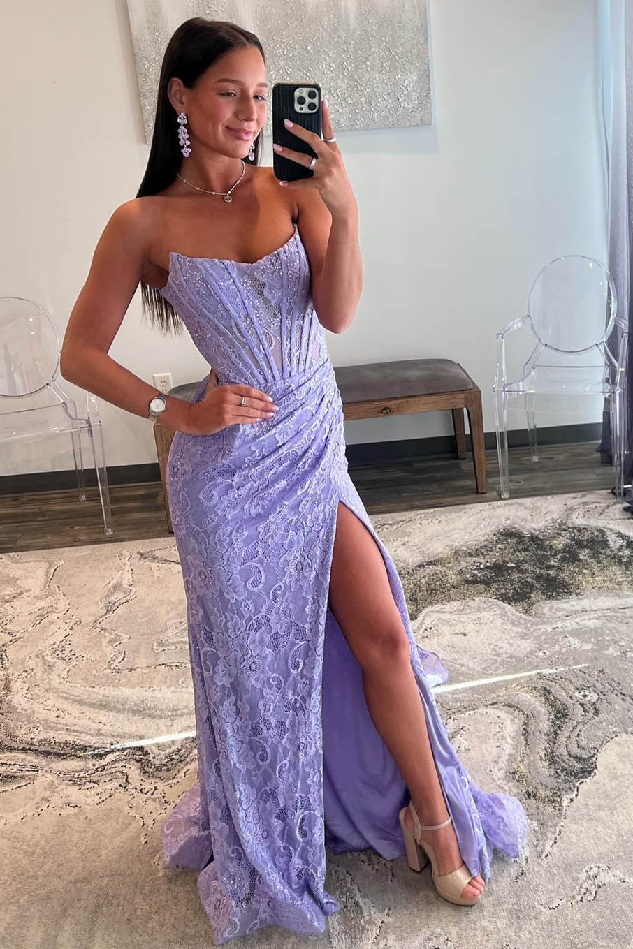 Lavender Lace Mermaid Pleated Long Prom Dresses, Slit Evening Gown GP559