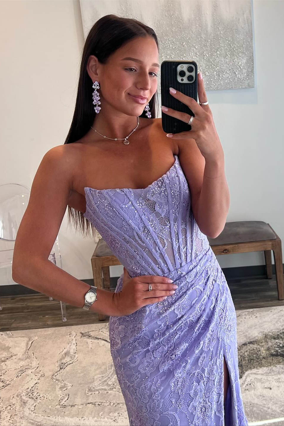 Lavender Lace Mermaid Pleated Long Prom Dresses, Slit Evening Gown GP559