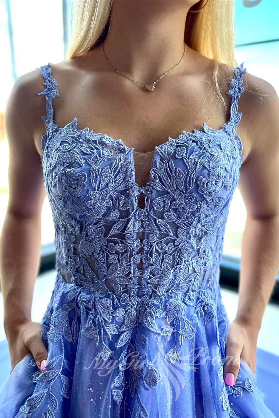 Spaghetti Straps Blue Lace Long Prom Dress A Line Evening Dress with Appliques GP753