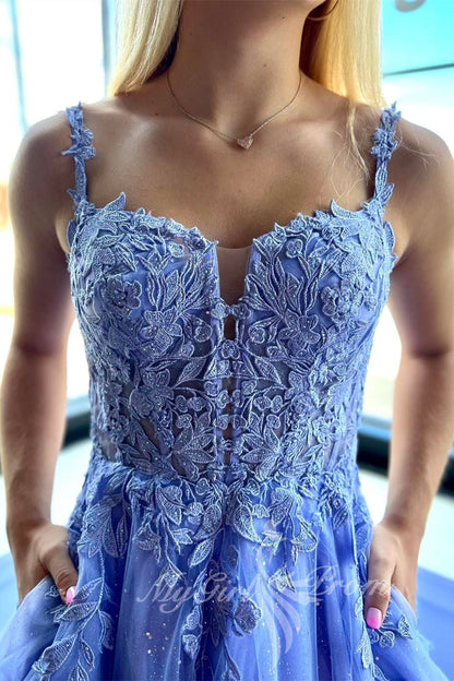 Spaghetti Straps Blue Lace Long Prom Dress A Line Evening Dress with Appliques GP753