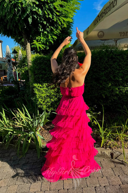 Strapless Hot Pink Long Prom Dress A Line Evening Dress with Ruffles GP758