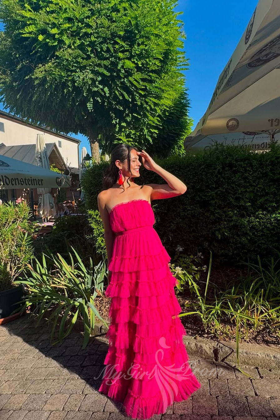 Strapless Hot Pink Long Prom Dress A Line Evening Dress with Ruffles GP758