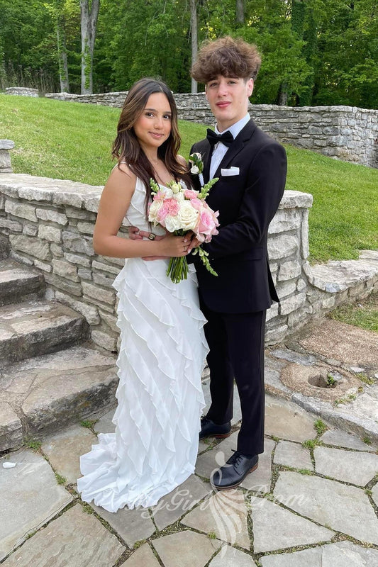 Spaghetti Straps V-neck Layered Prom Dress Ivory Chiffon Formal Dress GP763