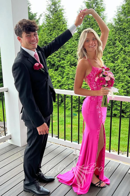 Spaghetti Straps Hot Pink Appliques Long Prom Dress, Mermaid Slit Formal Dress GP761