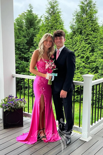 Spaghetti Straps Hot Pink Appliques Long Prom Dress, Mermaid Slit Formal Dress GP761