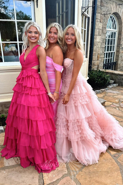 Chiffon Hot Pink Long Prom Dress Cut Out Evening Dress with Ruffled GP759