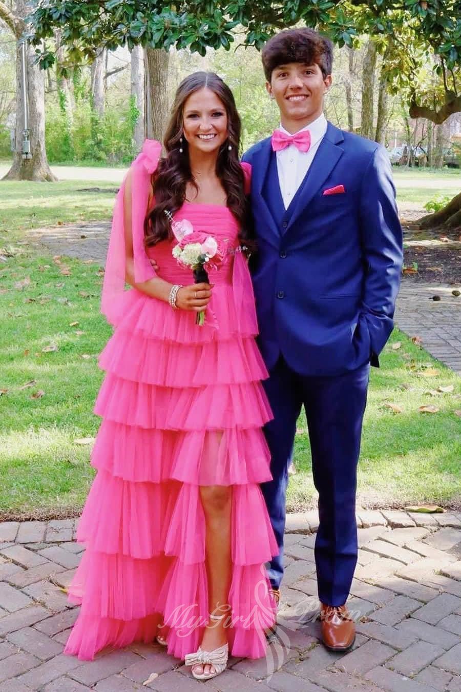 Straps Hot Pink Layered Long Prom Dress, Princess Tulle Formal Dress GP760