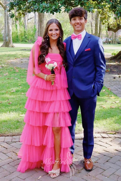 Straps Hot Pink Layered Long Prom Dress, Princess Tulle Formal Dress GP760
