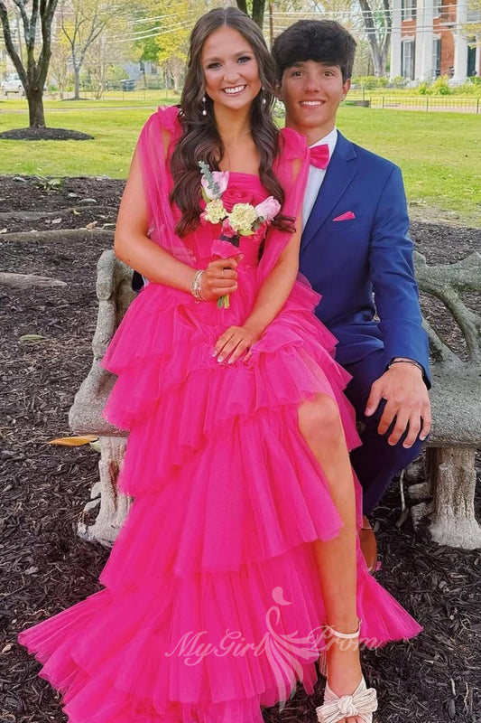 Straps Hot Pink Layered Long Prom Dress, Princess Tulle Formal Dress GP760