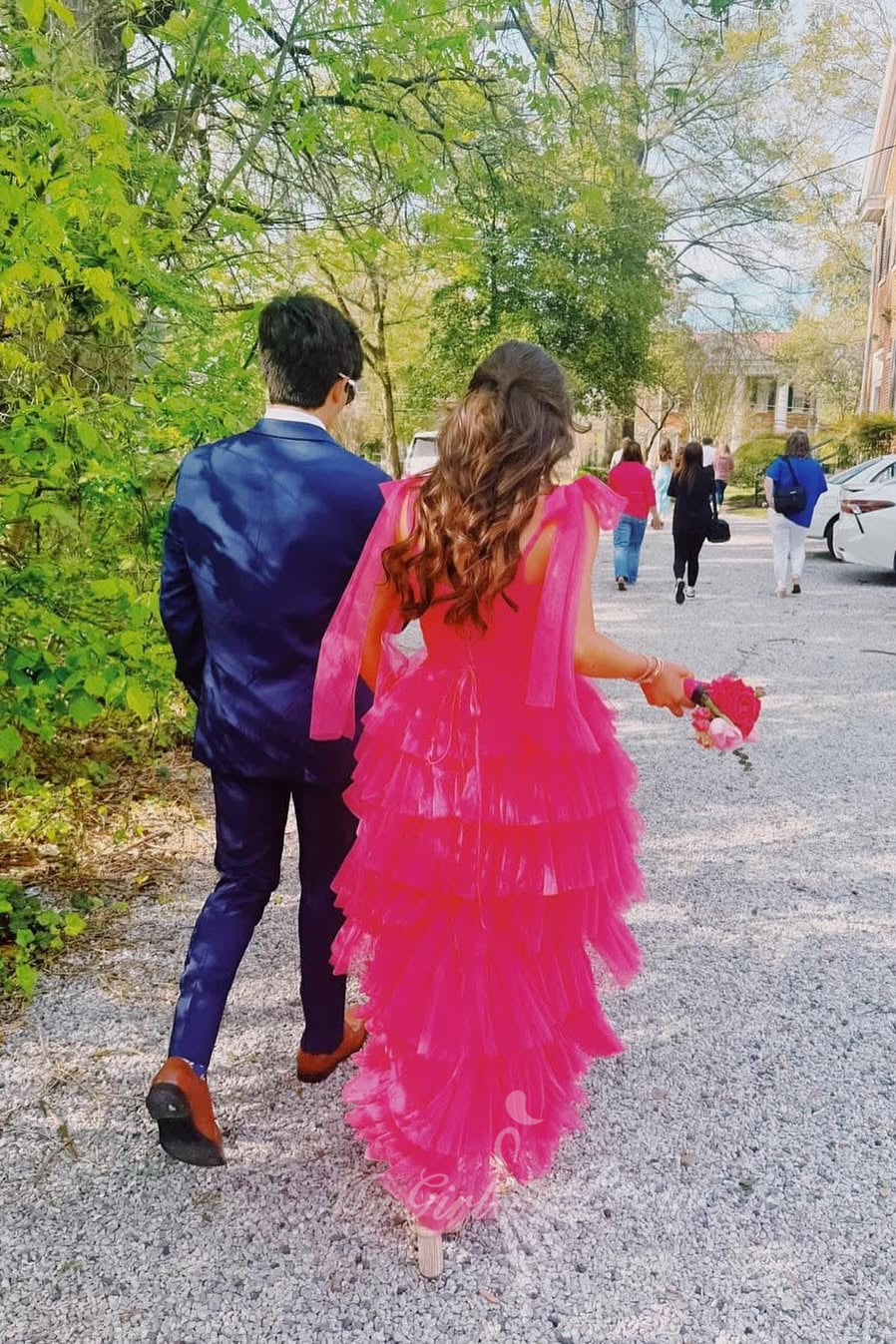 Straps Hot Pink Layered Long Prom Dress, Princess Tulle Formal Dress GP760