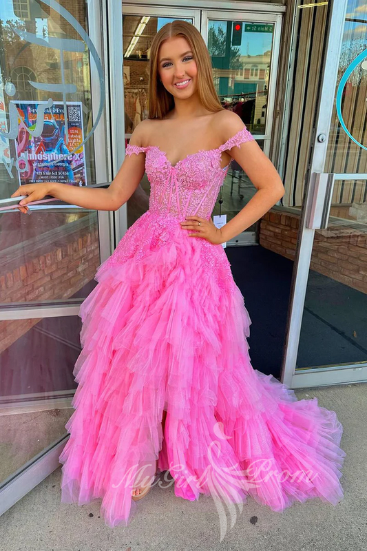 Off the shoulder A-Line Prom Dress Pink Tulle Formal Dress with Tiered GP767