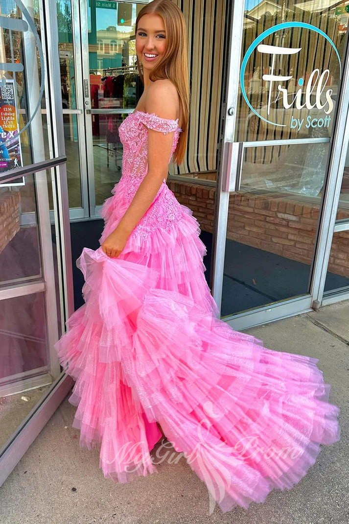 Off the shoulder A-Line Prom Dress Pink Tulle Formal Dress with Tiered GP767