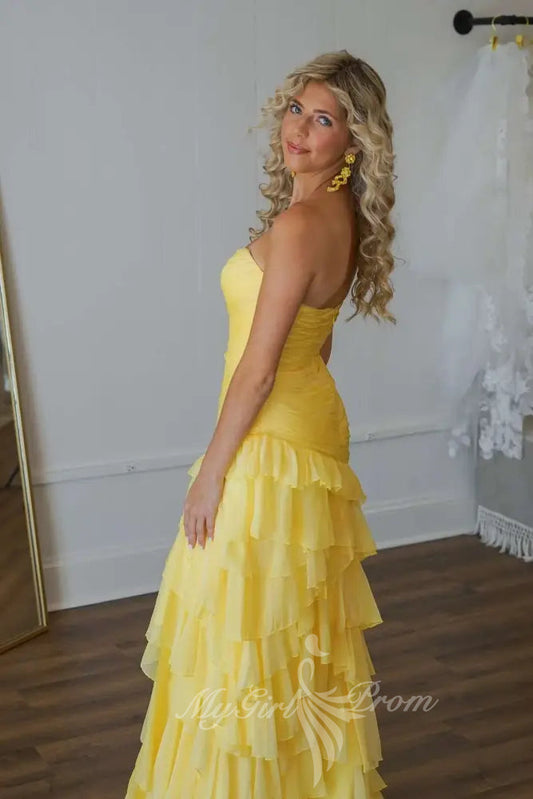 Sweetheart Yellow Pleated Long Prom Dress, A Line Slit Ruffled Formal Dress GP774