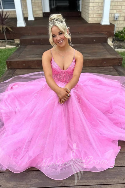Spaghetti Straps Pink Prom Dress A Line Tulle Formal Dress with Appliques GP786